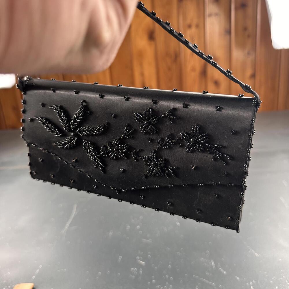 VTG Marcus Bros Clutch Handbag Black Beaded Floral Sequins Whimsi Fairy Goth - Picture 12 of 14